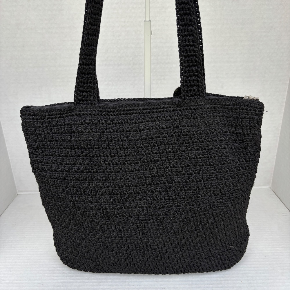 The Sak Black Crochet Tote Bag Zipper Shoulder Bag Women Medium Handbag